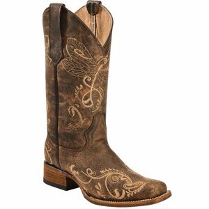 Circle G Brown Dragonfly Embroidered Square Toe Western Cowgirl Boots - Size 6.5